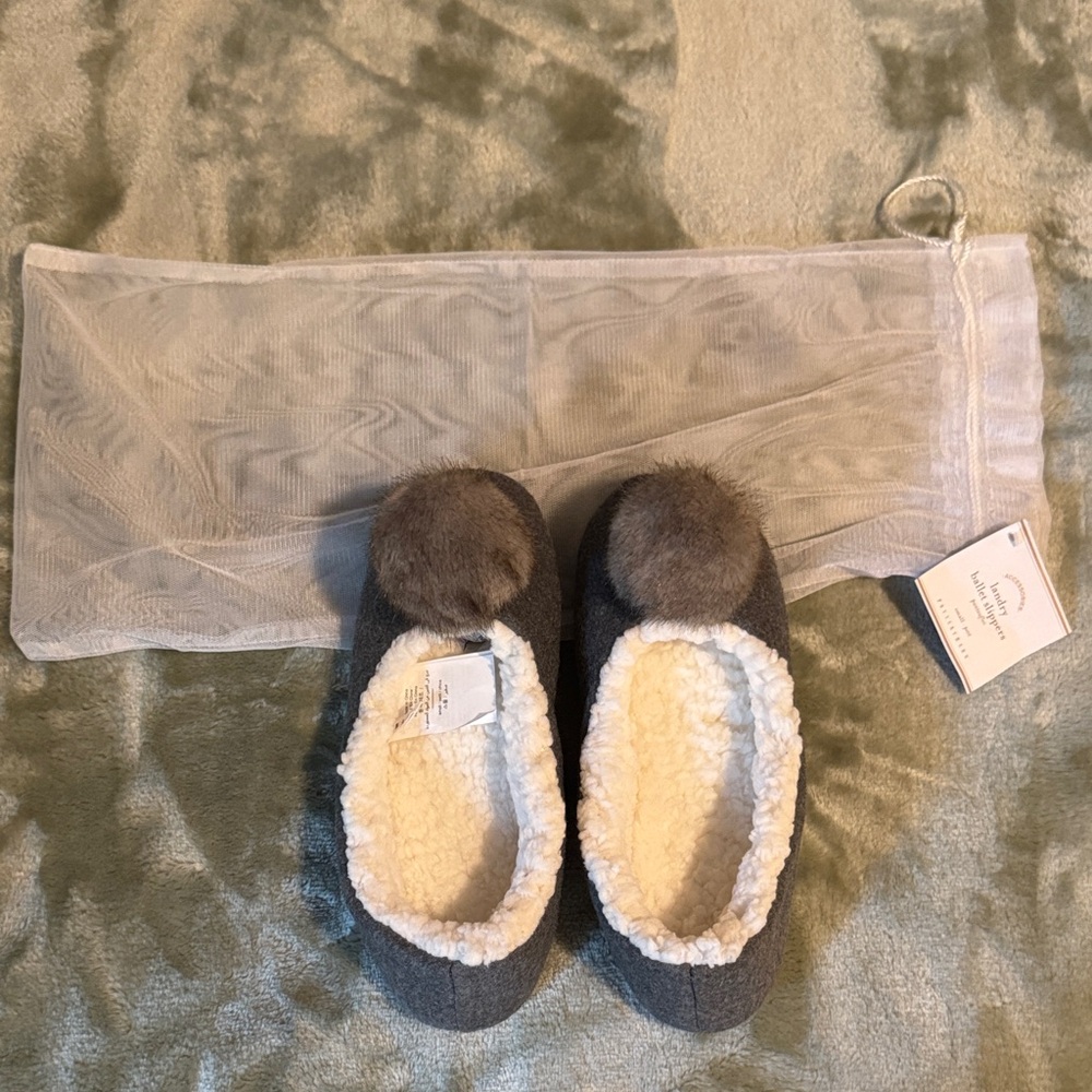 Pottery Barn Cozy Gray Slippers with Pom-Poms